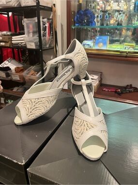 Lace T-Strap Open-Toe Heels in White